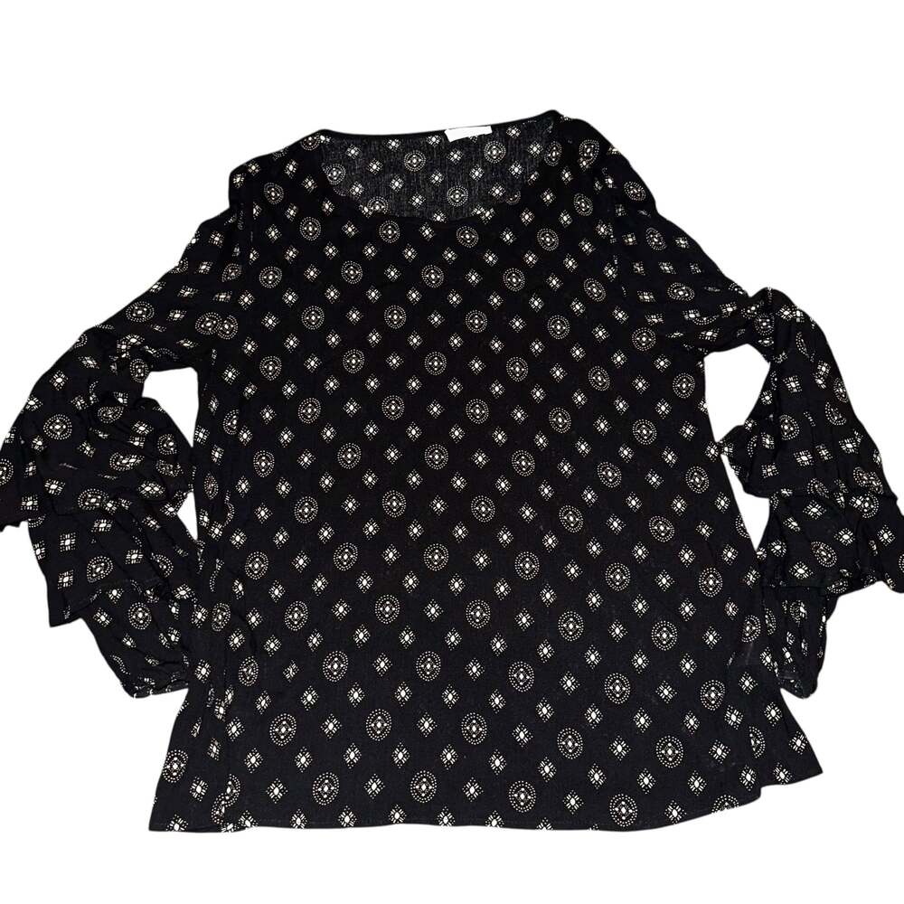 Oddi Bridgerton-core Romantic Ruffle Bell SleevesTop Black Tan Round Neck Sz M
